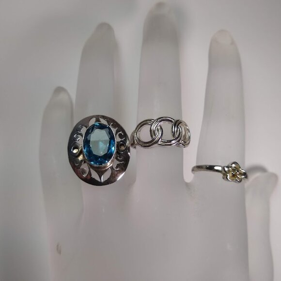 SET of 3   trio of silver rings    blue stone ring + silver circles + flower - Picture 1 of 16